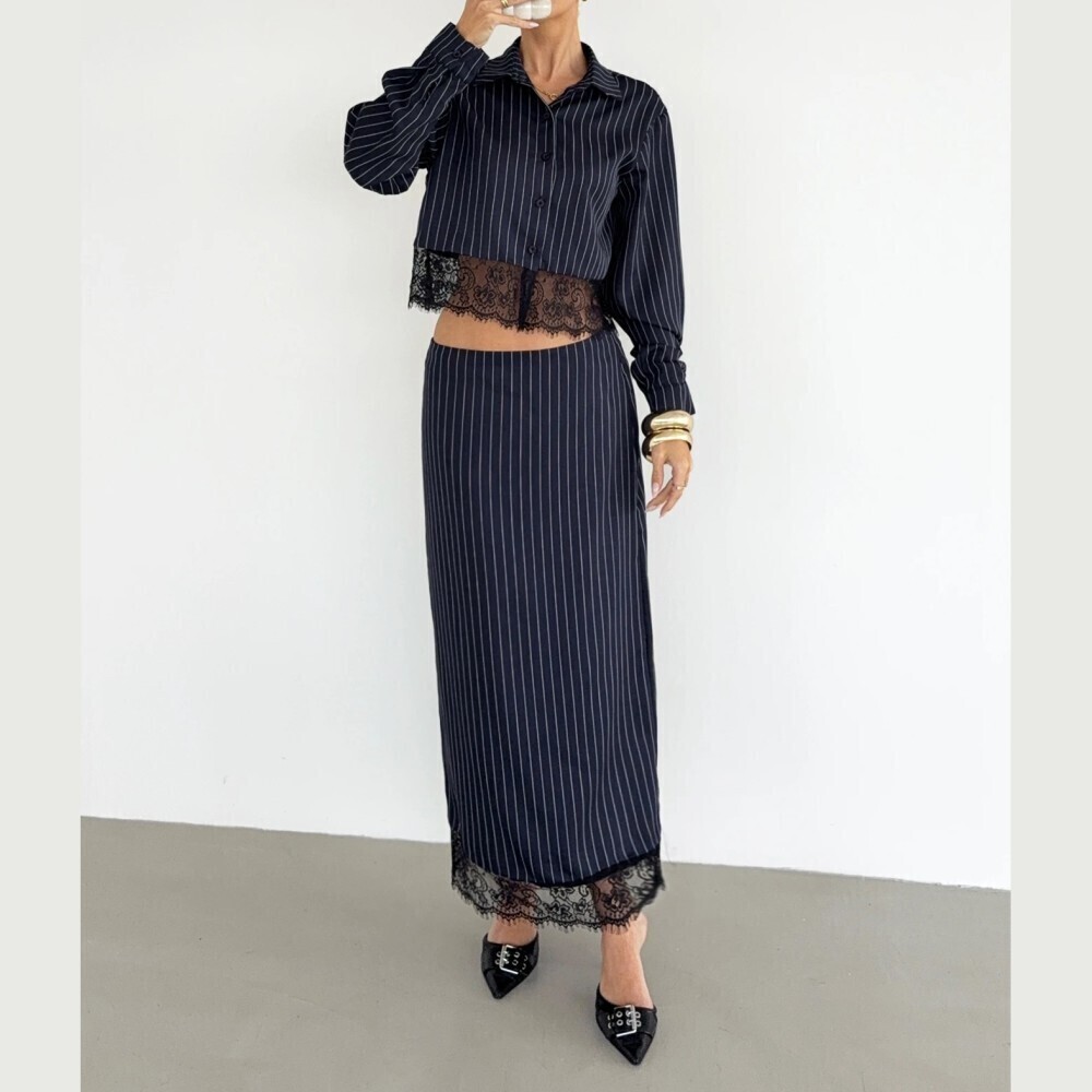 Navy Pinstripe Lace-Hem Cropped Collared Long Sleeve Shirt & Maxi Skirt Set